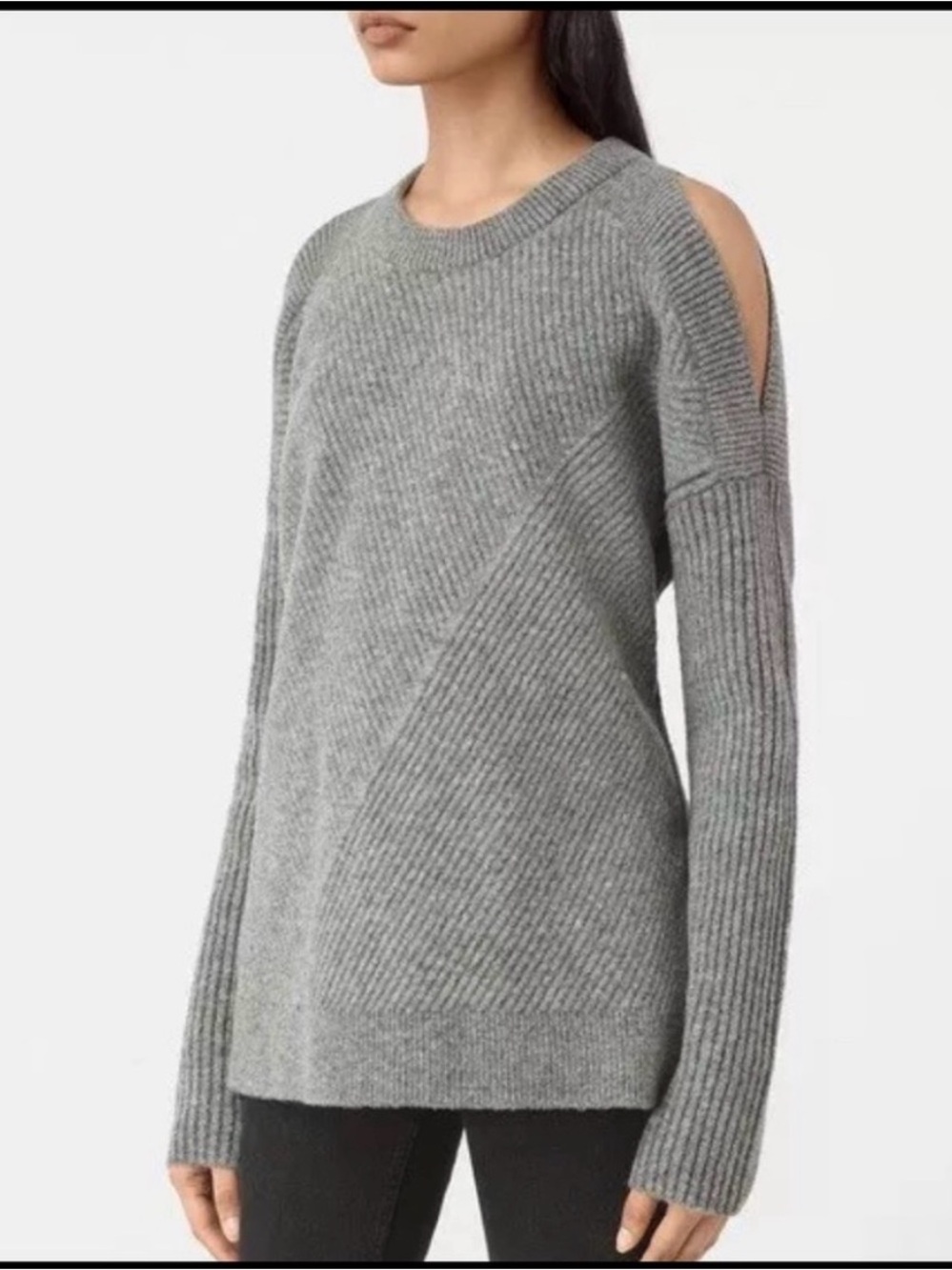 All Saints Terra Open Shoulder Wool Sweater in Grey Marl